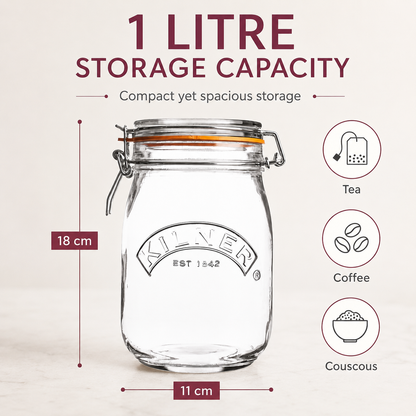Kilner Premium 1L Round Airtight Glass Jar with Clip Top Lid for Coffee, Tea, Drinks, Flour, Pulses, Grains, Biscuits