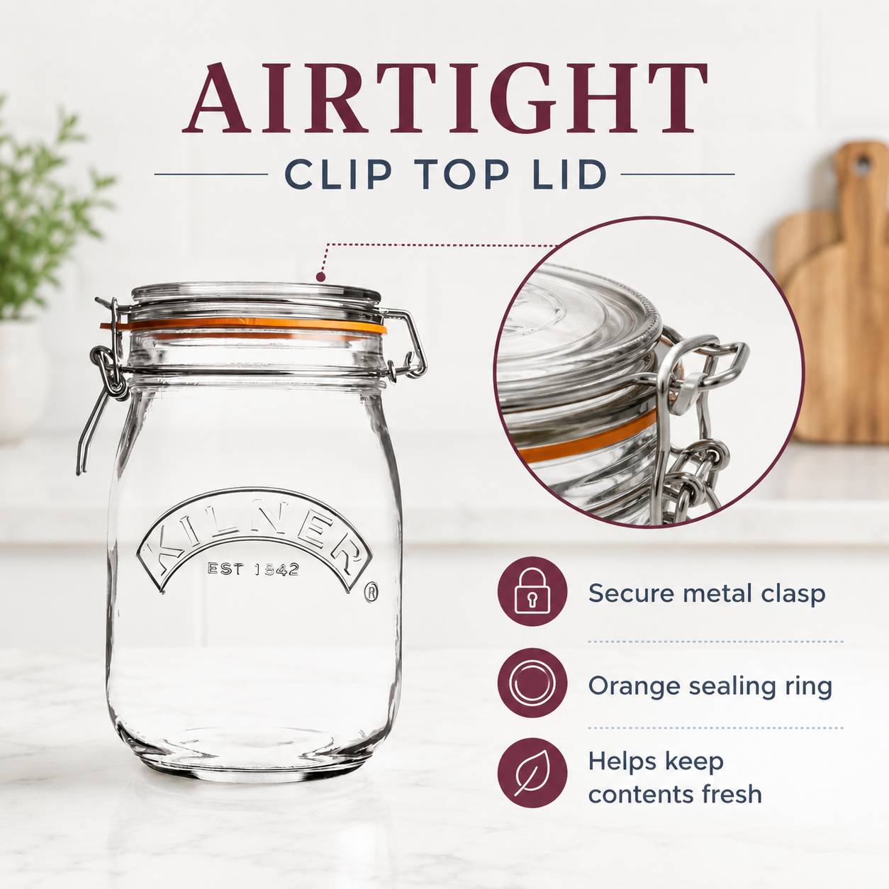 Kilner Premium 1L Round Airtight Glass Jar with Clip Top Lid for Coffee, Tea, Drinks, Flour, Pulses, Grains, Biscuits