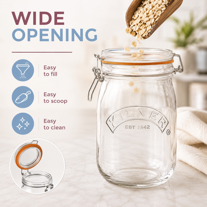 Kilner Premium 1L Round Airtight Glass Jar with Clip Top Lid for Coffee, Tea, Drinks, Flour, Pulses, Grains, Biscuits