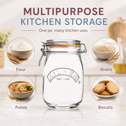 Kilner Premium 1L Round Airtight Glass Jar with Clip Top Lid for Coffee, Tea, Drinks, Flour, Pulses, Grains, Biscuits
