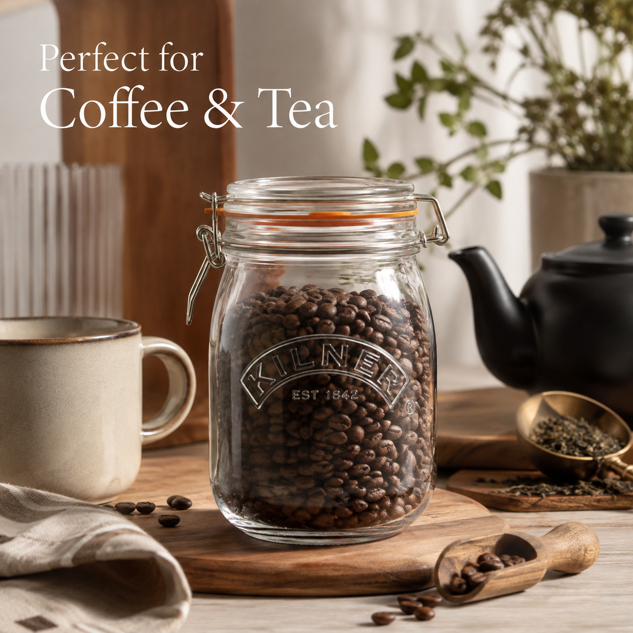 Kilner Premium 1L Round Airtight Glass Jar with Clip Top Lid for Coffee, Tea, Drinks, Flour, Pulses, Grains, Biscuits