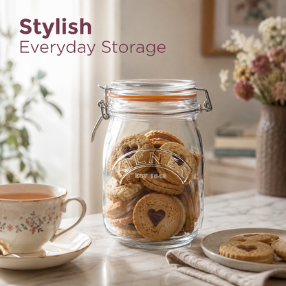 Kilner Premium 1L Round Airtight Glass Jar with Clip Top Lid for Coffee, Tea, Drinks, Flour, Pulses, Grains, Biscuits