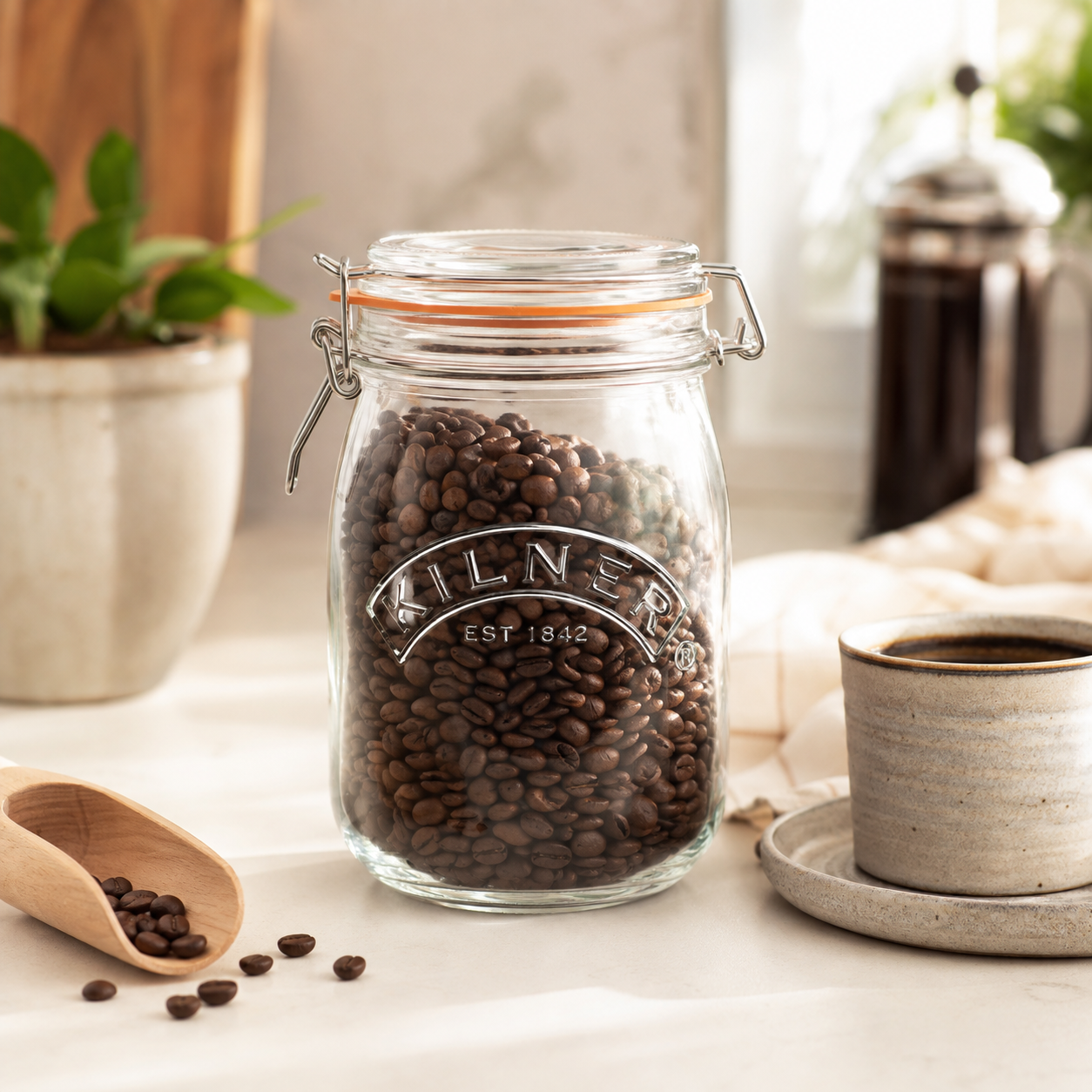 Kilner Premium 1L Round Airtight Glass Jar with Clip Top Lid for Coffee, Tea, Drinks, Flour, Pulses, Grains, Biscuits - 1
