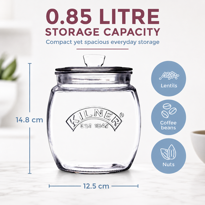 Kilner 850ml Universal Airtight Clear Premium Glass Jar with Push Top Lid for Dry Food Like Grains, Spices, Pickles, Sauces