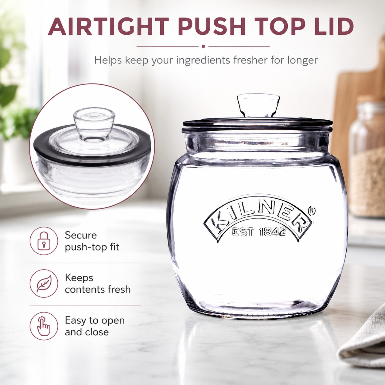 Kilner 850ml Universal Airtight Clear Premium Glass Jar with Push Top Lid for Dry Food Like Grains, Spices, Pickles, Sauces
