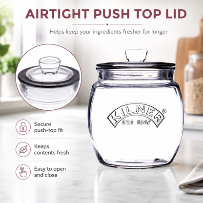 Kilner 850ml Universal Airtight Clear Premium Glass Jar with Push Top Lid for Dry Food Like Grains, Spices, Pickles, Sauces