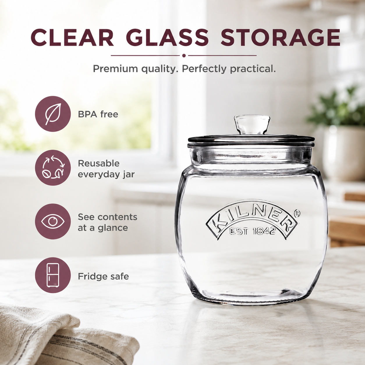 Kilner 850ml Universal Airtight Clear Premium Glass Jar with Push Top Lid for Dry Food Like Grains, Spices, Pickles, Sauces - 3