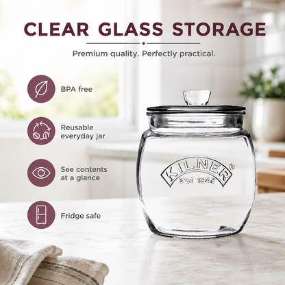 Kilner 850ml Universal Airtight Clear Premium Glass Jar with Push Top Lid for Dry Food Like Grains, Spices, Pickles, Sauces