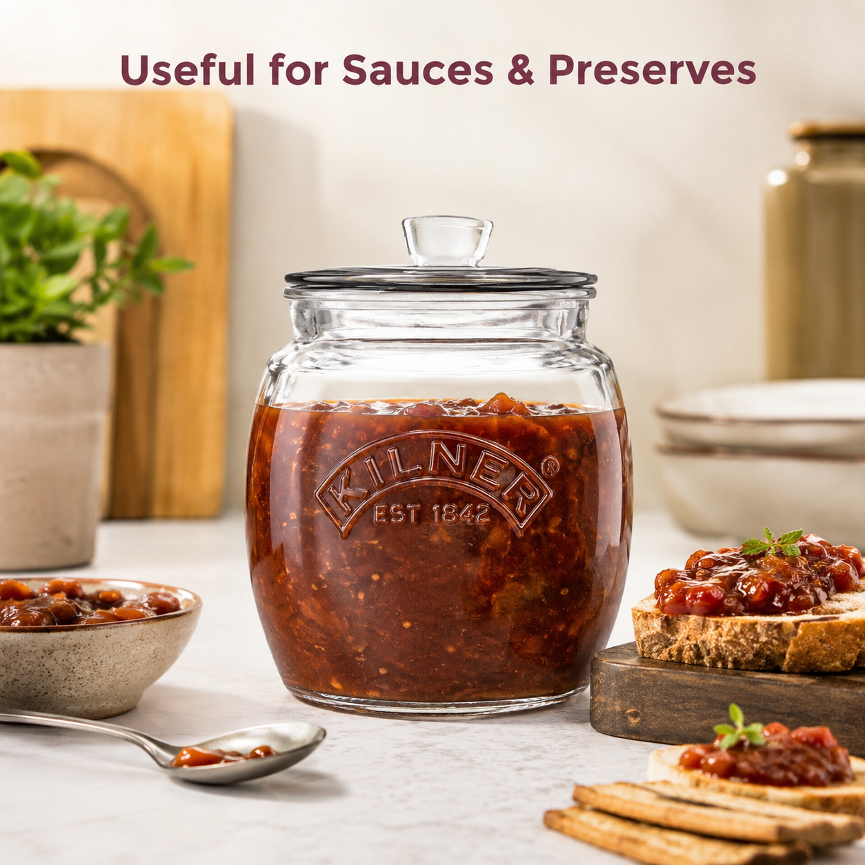 Kilner 850ml Universal Airtight Clear Premium Glass Jar with Push Top Lid for Dry Food Like Grains, Spices, Pickles, Sauces - 6