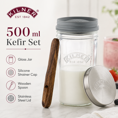 Kilner Premium 500 ml Kefir Set with Glass Jar, Silicone Strainer Cap, Wooden Spoon, Stainless Steel Lid | Reusable Fermentation Container