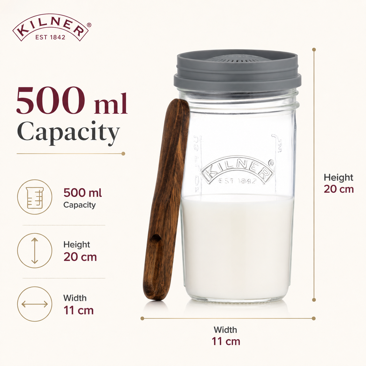 Kilner Premium 500 ml Kefir Set with Glass Jar, Silicone Strainer Cap, Wooden Spoon, Stainless Steel Lid | Reusable Fermentation Container - 5