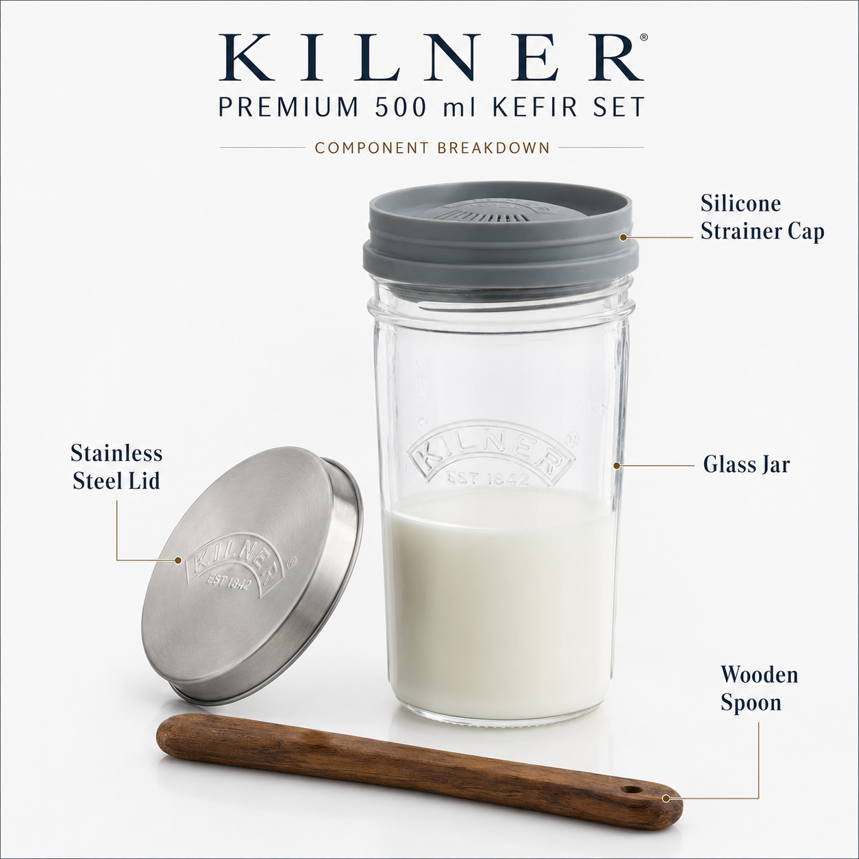 Kilner Premium 500 ml Kefir Set with Glass Jar, Silicone Strainer Cap, Wooden Spoon, Stainless Steel Lid | Reusable Fermentation Container - 3