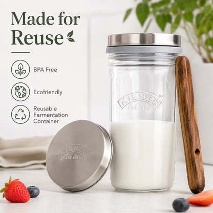 Kilner Premium 500 ml Kefir Set with Glass Jar, Silicone Strainer Cap, Wooden Spoon, Stainless Steel Lid | Reusable Fermentation Container