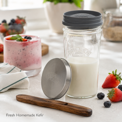 Kilner Premium 500 ml Kefir Set with Glass Jar, Silicone Strainer Cap, Wooden Spoon, Stainless Steel Lid | Reusable Fermentation Container