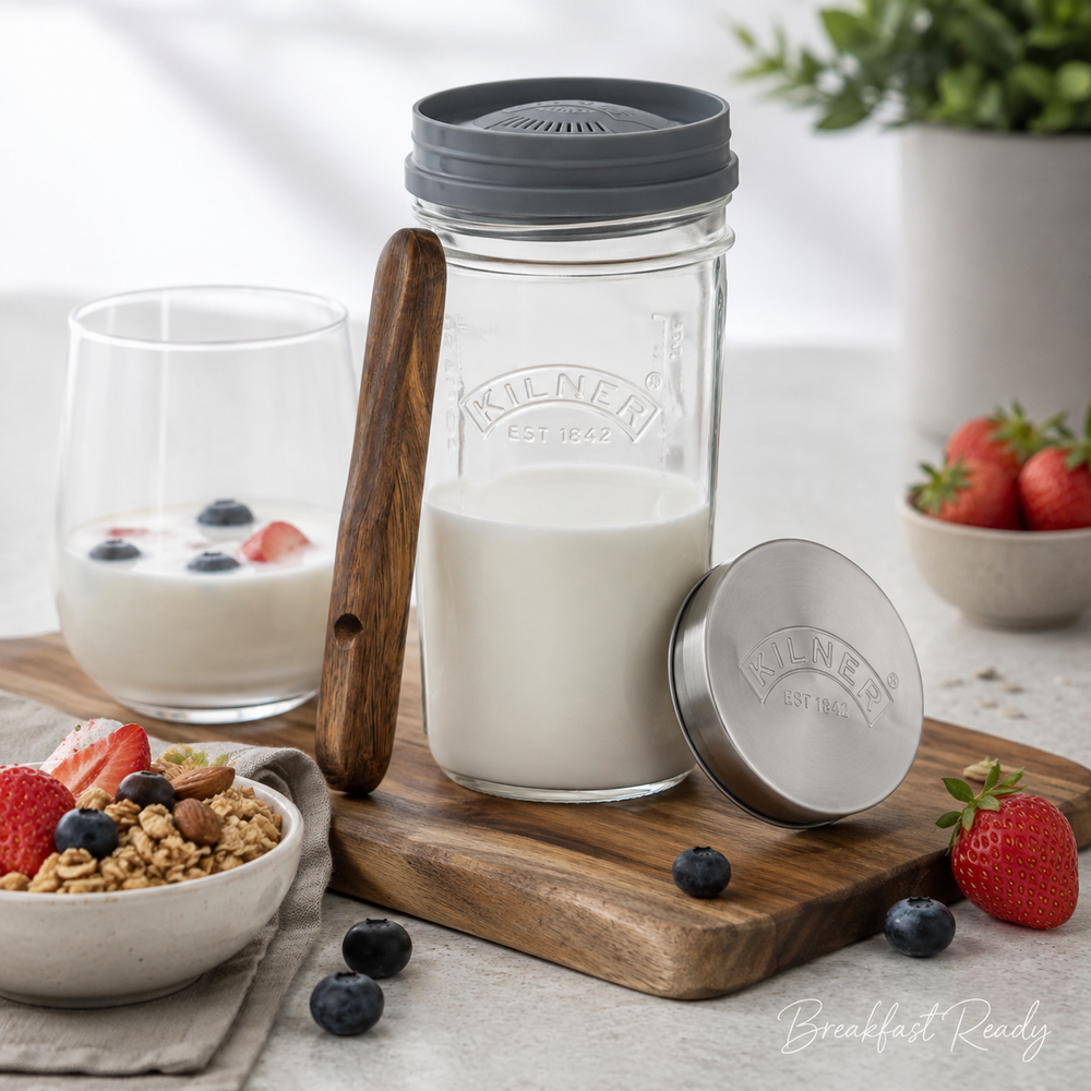 Kilner Premium 500 ml Kefir Set with Glass Jar, Silicone Strainer Cap, Wooden Spoon, Stainless Steel Lid | Reusable Fermentation Container