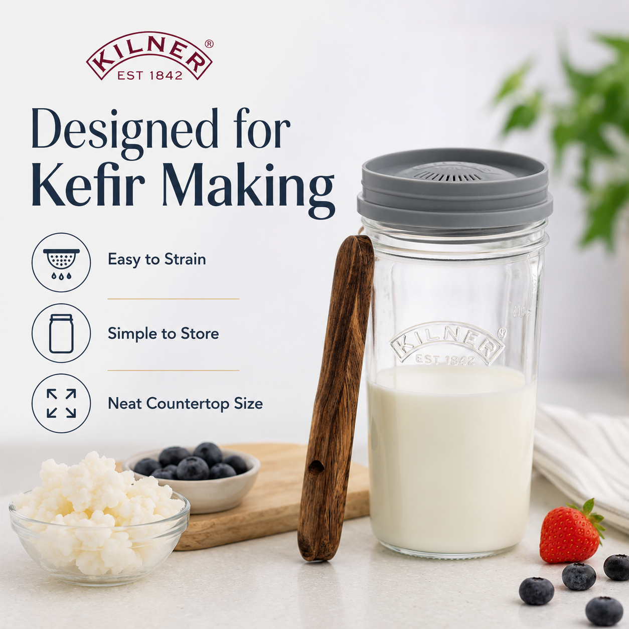 Kilner Premium 500 ml Kefir Set with Glass Jar, Silicone Strainer Cap, Wooden Spoon, Stainless Steel Lid | Reusable Fermentation Container