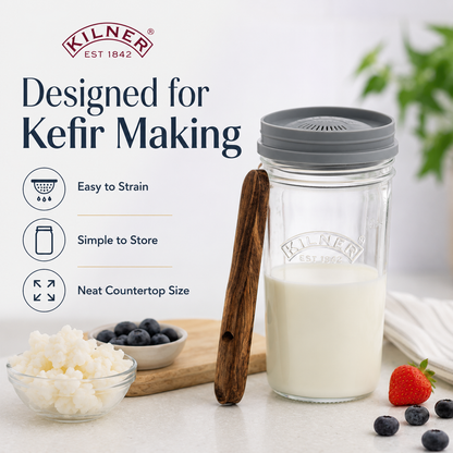 Kilner Premium 500 ml Kefir Set with Glass Jar, Silicone Strainer Cap, Wooden Spoon, Stainless Steel Lid | Reusable Fermentation Container