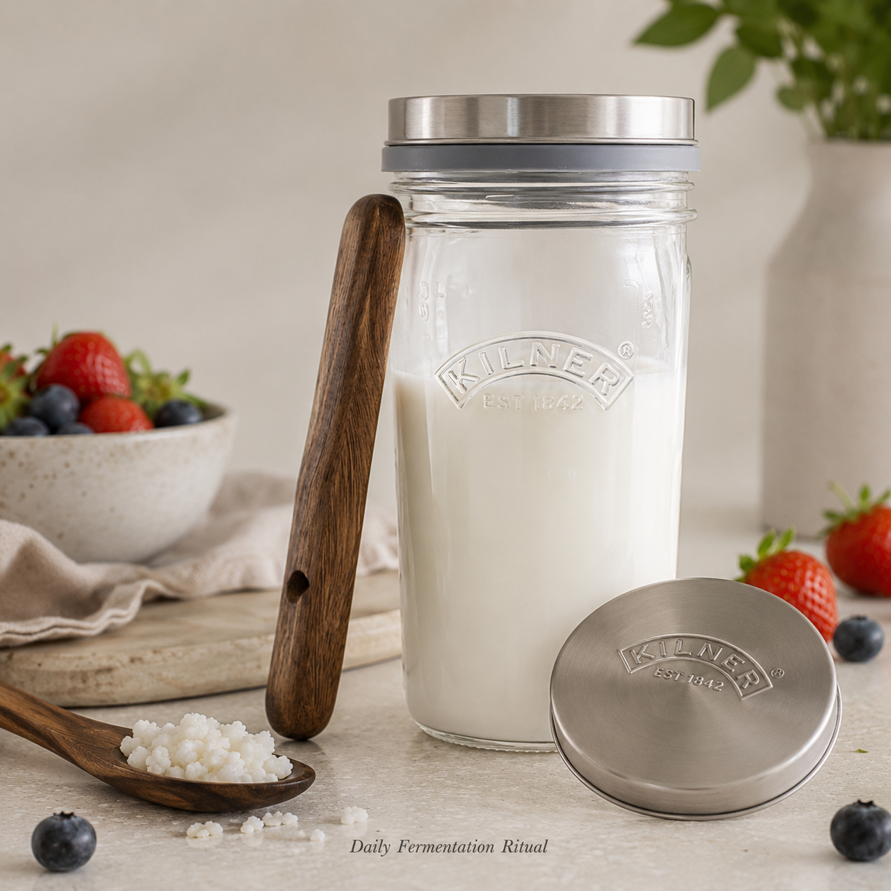 Kilner Premium 500 ml Kefir Set with Glass Jar, Silicone Strainer Cap, Wooden Spoon, Stainless Steel Lid | Reusable Fermentation Container - 7
