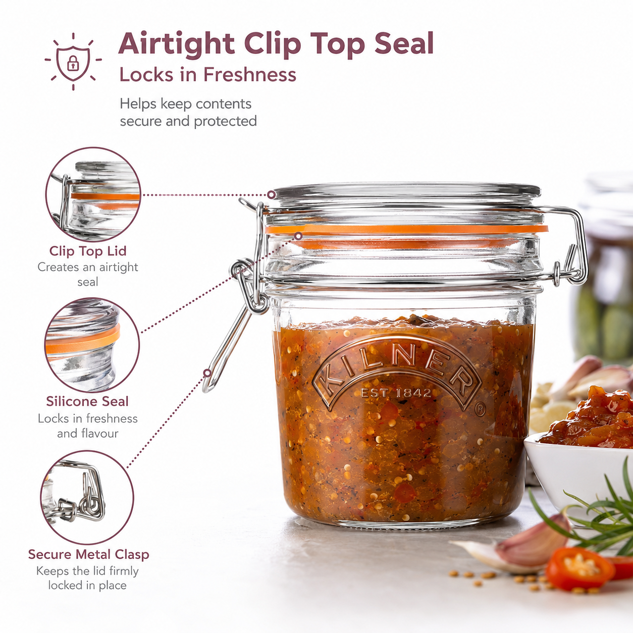 Kilner Premium 350ml Round Airtight Glass Jar with Clip Top Lid for Pickles, Jams, Chutneys, Yougurt - 14