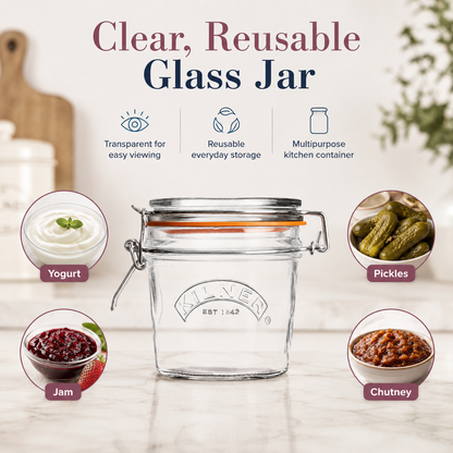 Kilner Premium 350ml Round Airtight Glass Jar with Clip Top Lid for Pickles, Jams, Chutneys, Yougurt