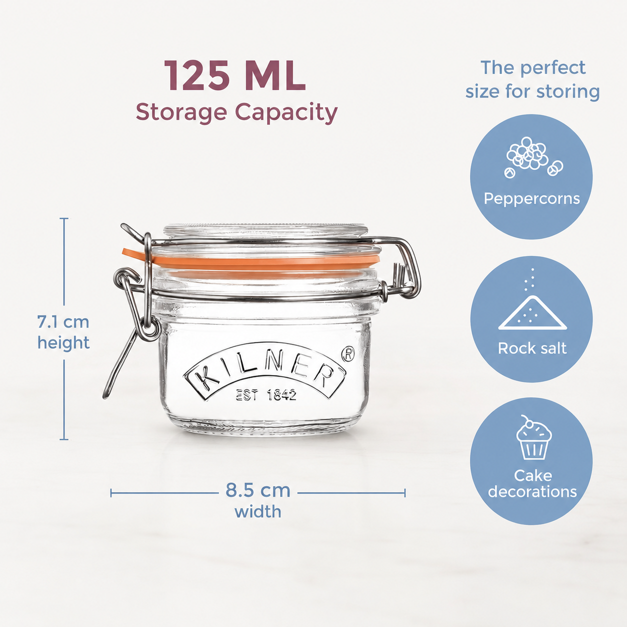 Kilner Premium 125ml Round Airtight Mini Glass Jar with Clip Top Lid for Herbs, Spices, Masalas - 5