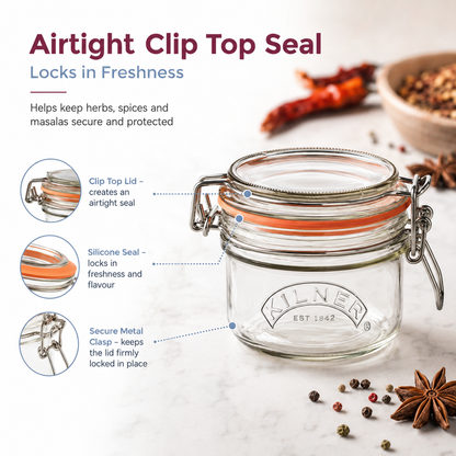 Kilner Premium 125ml Round Airtight Mini Glass Jar with Clip Top Lid for Herbs, Spices, Masalas