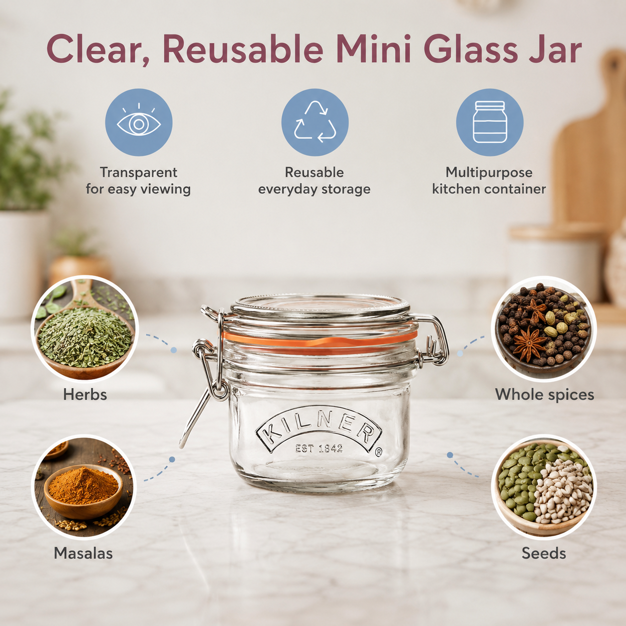 Kilner Premium 125ml Round Airtight Mini Glass Jar with Clip Top Lid for Herbs, Spices, Masalas - 4