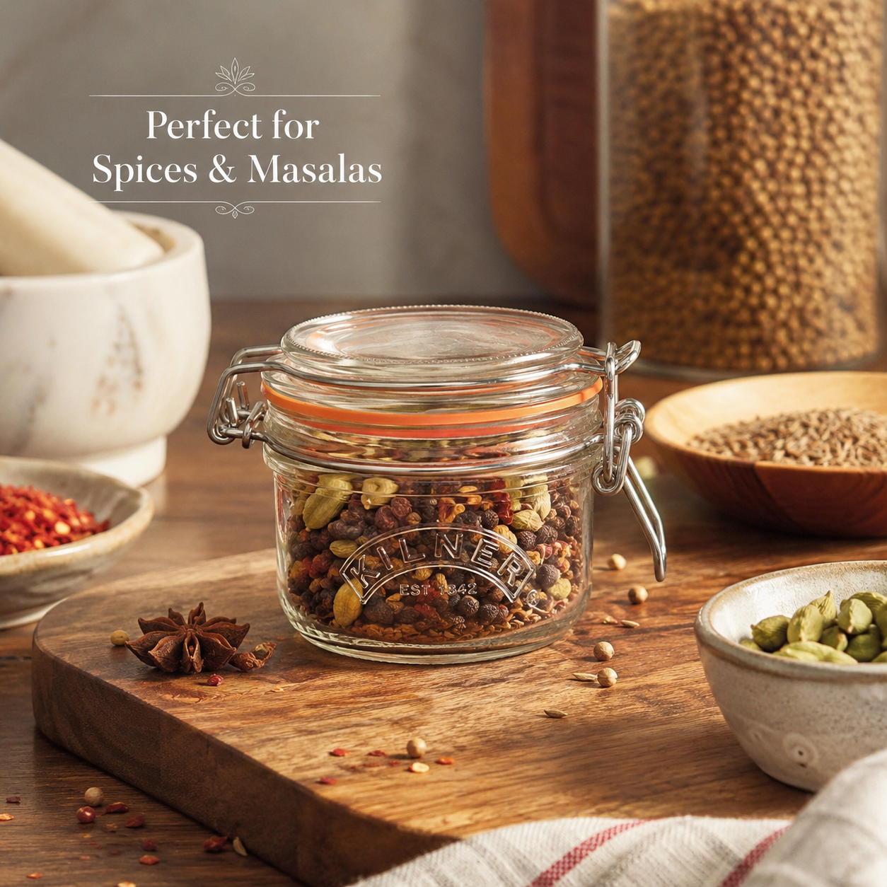 Kilner Premium 125ml Round Airtight Mini Glass Jar with Clip Top Lid for Herbs, Spices, Masalas
