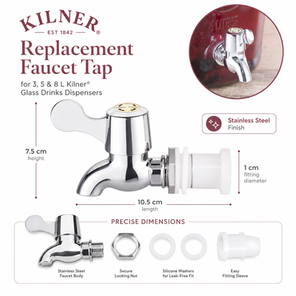 Kilner Replacement Faucet Tap  for 3, 5 & 8 L for Kilner Glass Drinks Dispensers | Leak-Free Stainless Steel Silicone Washer Tap