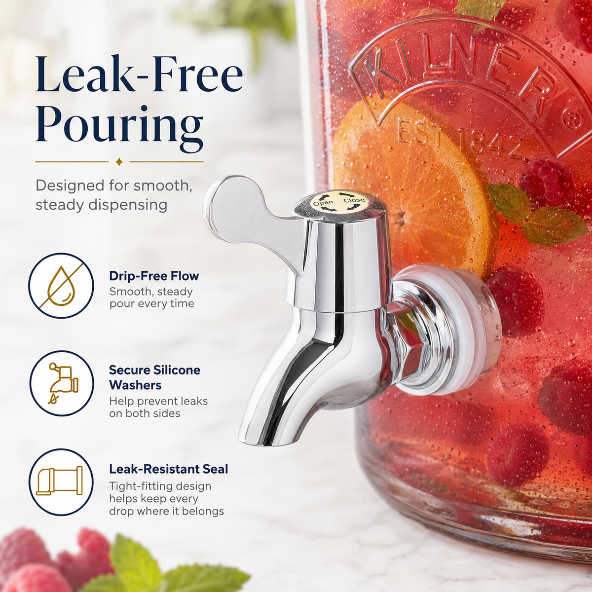 Kilner Replacement Faucet Tap  for 3, 5 & 8 L for Kilner Glass Drinks Dispensers | Leak-Free Stainless Steel Silicone Washer Tap