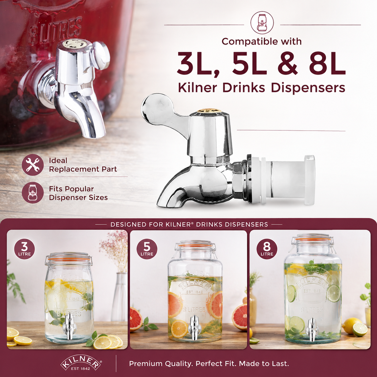 Kilner Replacement Faucet Tap  for 3, 5 & 8 L for Kilner Glass Drinks Dispensers | Leak-Free Stainless Steel Silicone Washer Tap - 5