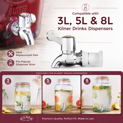 Kilner Replacement Faucet Tap  for 3, 5 & 8 L for Kilner Glass Drinks Dispensers | Leak-Free Stainless Steel Silicone Washer Tap