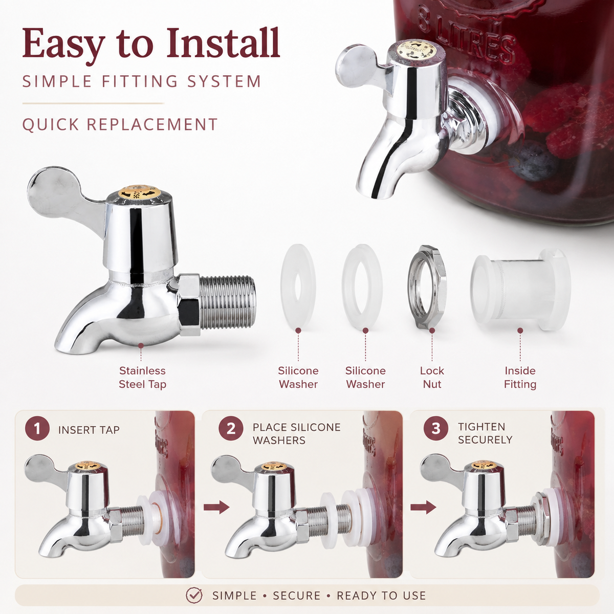 Kilner Replacement Faucet Tap  for 3, 5 & 8 L for Kilner Glass Drinks Dispensers | Leak-Free Stainless Steel Silicone Washer Tap