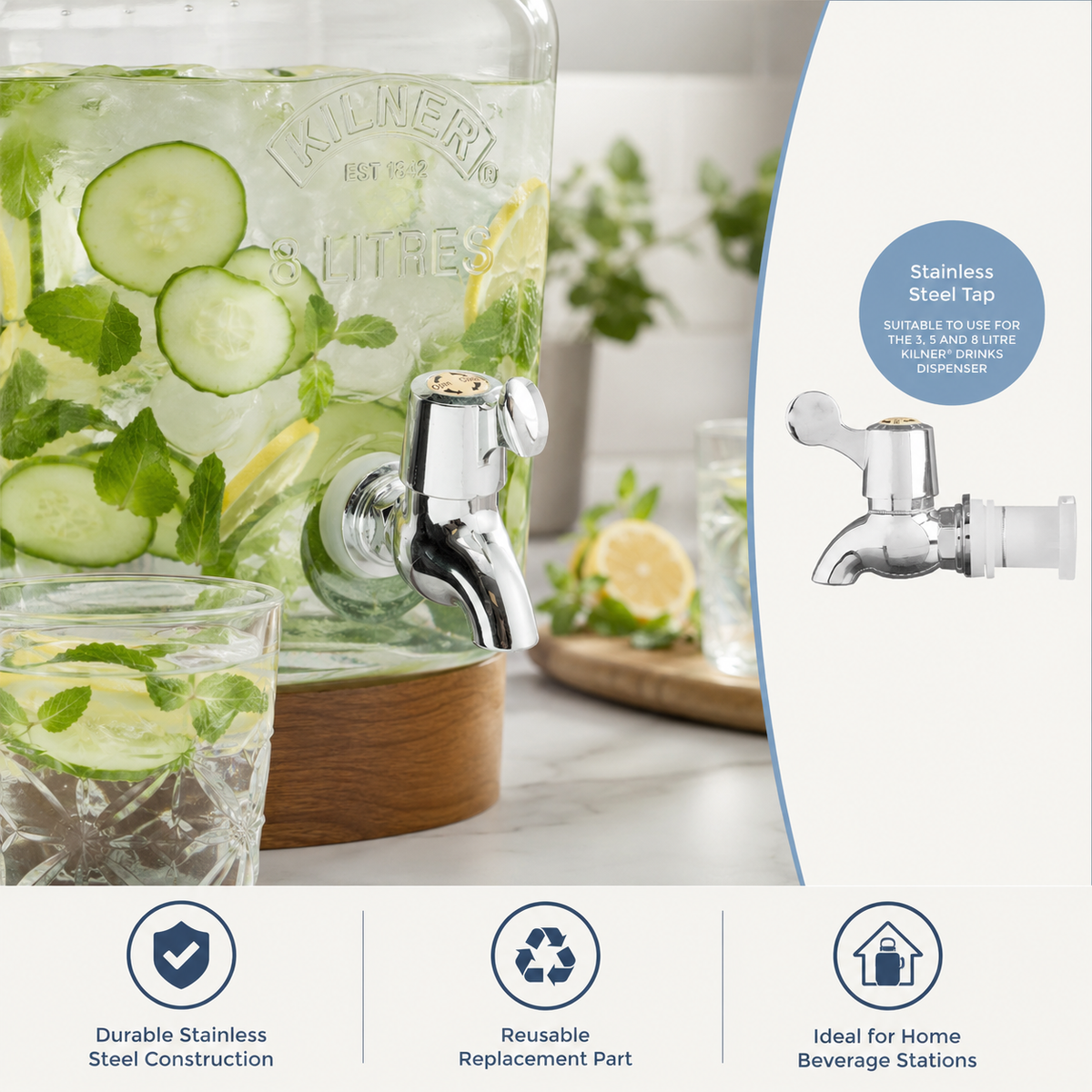 Kilner Replacement Faucet Tap  for 3, 5 & 8 L for Kilner Glass Drinks Dispensers | Leak-Free Stainless Steel Silicone Washer Tap
