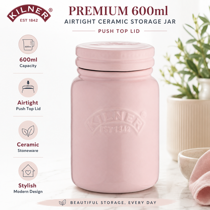 Kilner 600ml Airtight Premium Ceramic Storage Jar with Push Top Lid - Pink for Dry Food, Tea, Coffee, Sugar, Biscuits