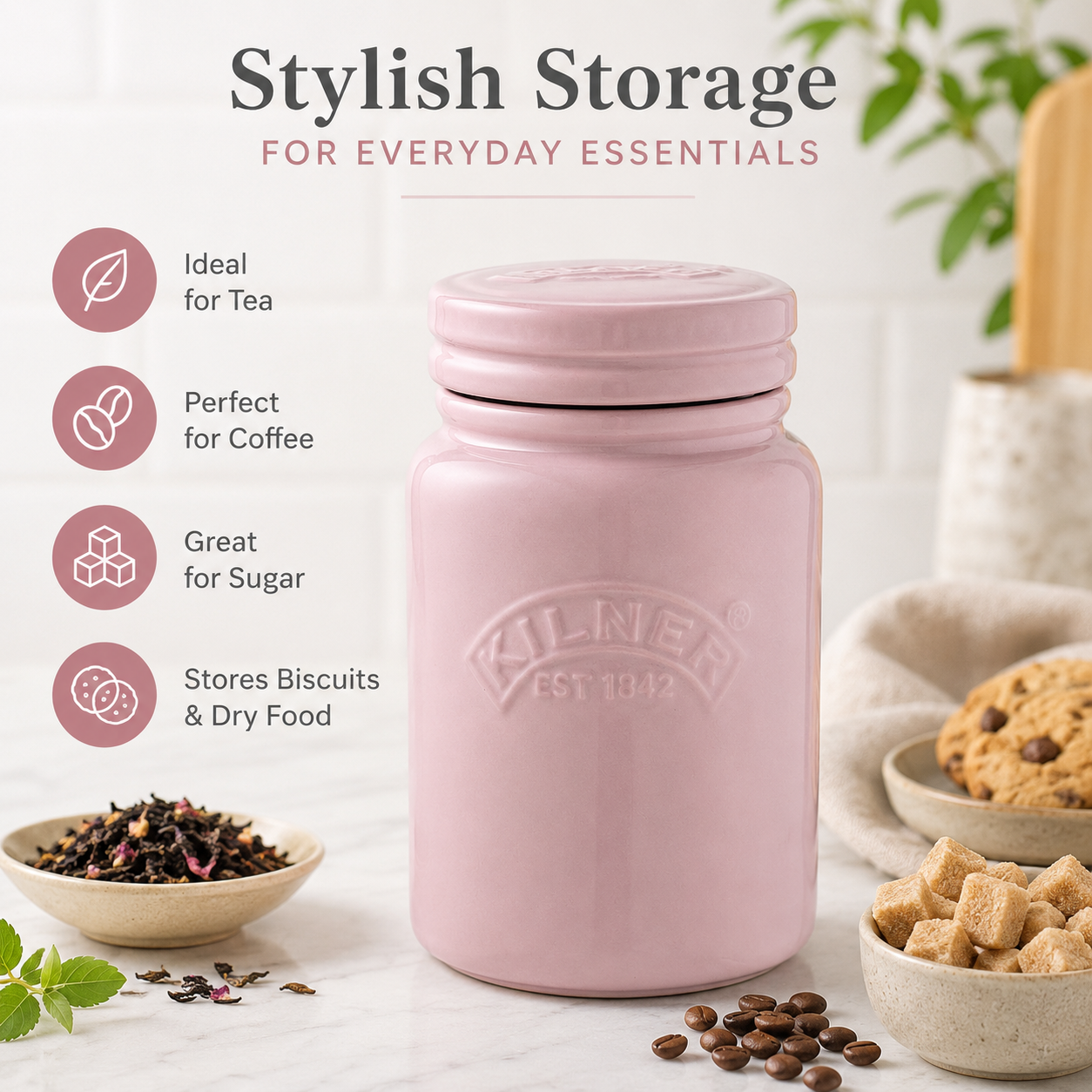 Kilner 600ml Airtight Premium Ceramic Storage Jar with Push Top Lid - Pink for Dry Food, Tea, Coffee, Sugar, Biscuits