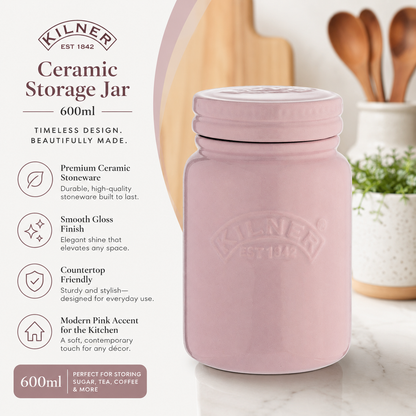 Kilner 600ml Airtight Premium Ceramic Storage Jar with Push Top Lid - Pink for Dry Food, Tea, Coffee, Sugar, Biscuits