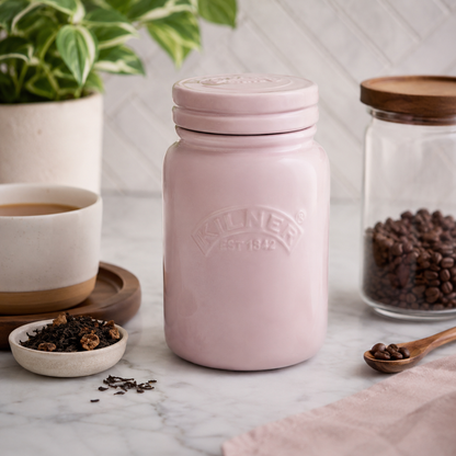 Kilner 600ml Airtight Premium Ceramic Storage Jar with Push Top Lid - Pink for Dry Food, Tea, Coffee, Sugar, Biscuits