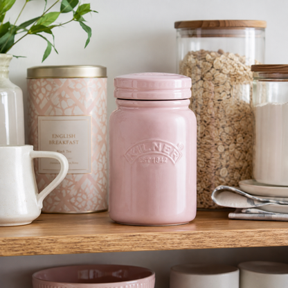 Kilner 600ml Airtight Premium Ceramic Storage Jar with Push Top Lid - Pink for Dry Food, Tea, Coffee, Sugar, Biscuits