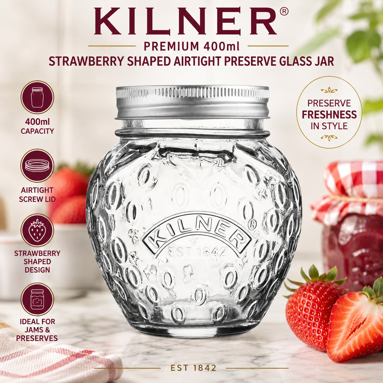 Kilner Premium 400ml Strawberry Shaped Airtight Preserve Glass Jars for Kitchen Storage, ideal for Jams, Chutneys, Preserves