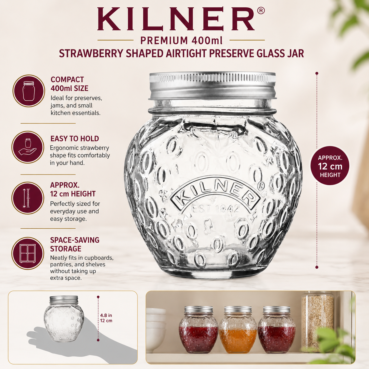 Kilner Premium 400ml Strawberry Shaped Airtight Preserve Glass Jars for Kitchen Storage, ideal for Jams, Chutneys, Preserves - 6
