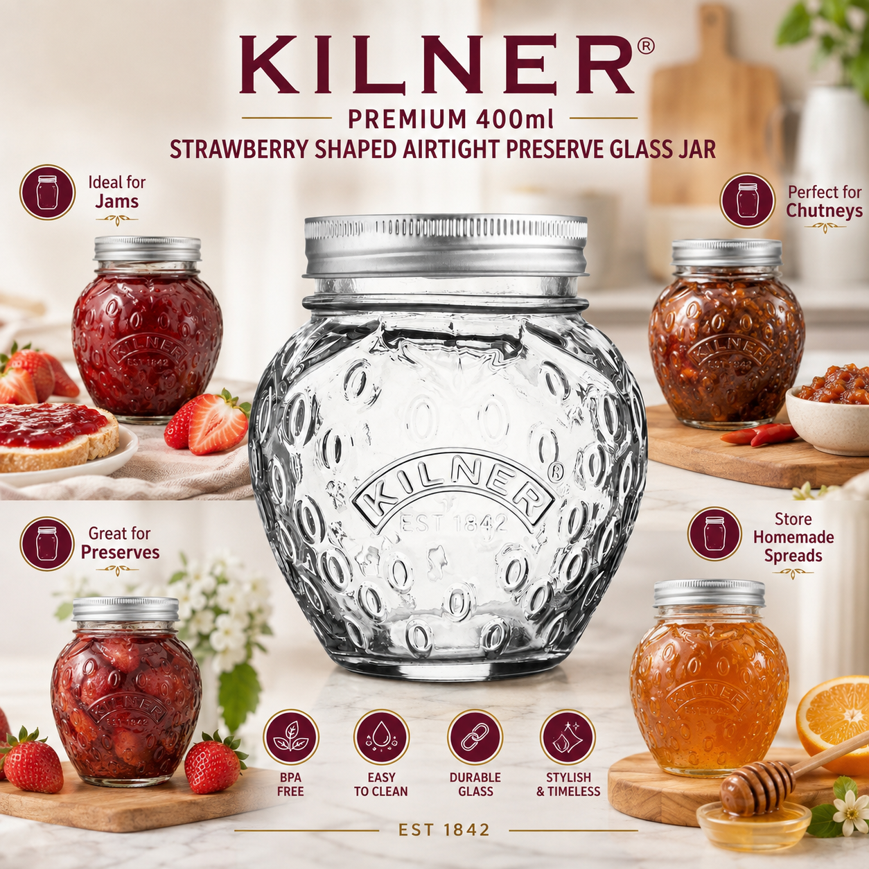 Kilner Premium 400ml Strawberry Shaped Airtight Preserve Glass Jars for Kitchen Storage, ideal for Jams, Chutneys, Preserves - 5