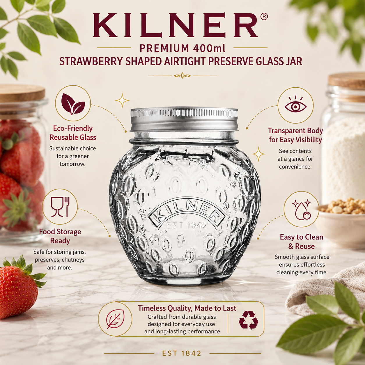 Kilner Premium 400ml Strawberry Shaped Airtight Preserve Glass Jars for Kitchen Storage, ideal for Jams, Chutneys, Preserves