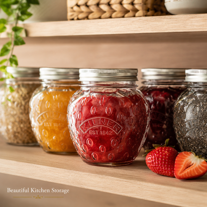 Kilner Premium 400ml Strawberry Shaped Airtight Preserve Glass Jars for Kitchen Storage, ideal for Jams, Chutneys, Preserves