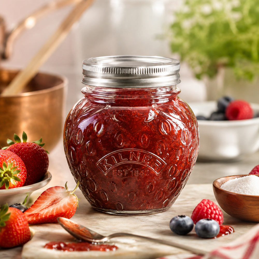 Kilner Premium 400ml Strawberry Shaped Airtight Preserve Glass Jars for Kitchen Storage, ideal for Jams, Chutneys, Preserves