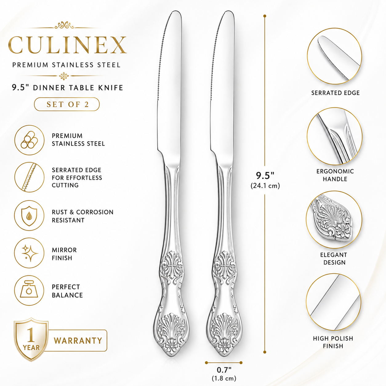 Culinex Stainless Steel 9.3" Premium Table Knife Set of 2 for Dining Table, Kitchen| Silver Rustproof Flatware By thinKitchen (Fest) - 5