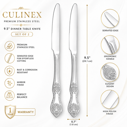 Culinex Stainless Steel 9.3" Premium Table Knife Set of 2 for Dining Table, Kitchen| Silver Rustproof Flatware By thinKitchen (Fest)