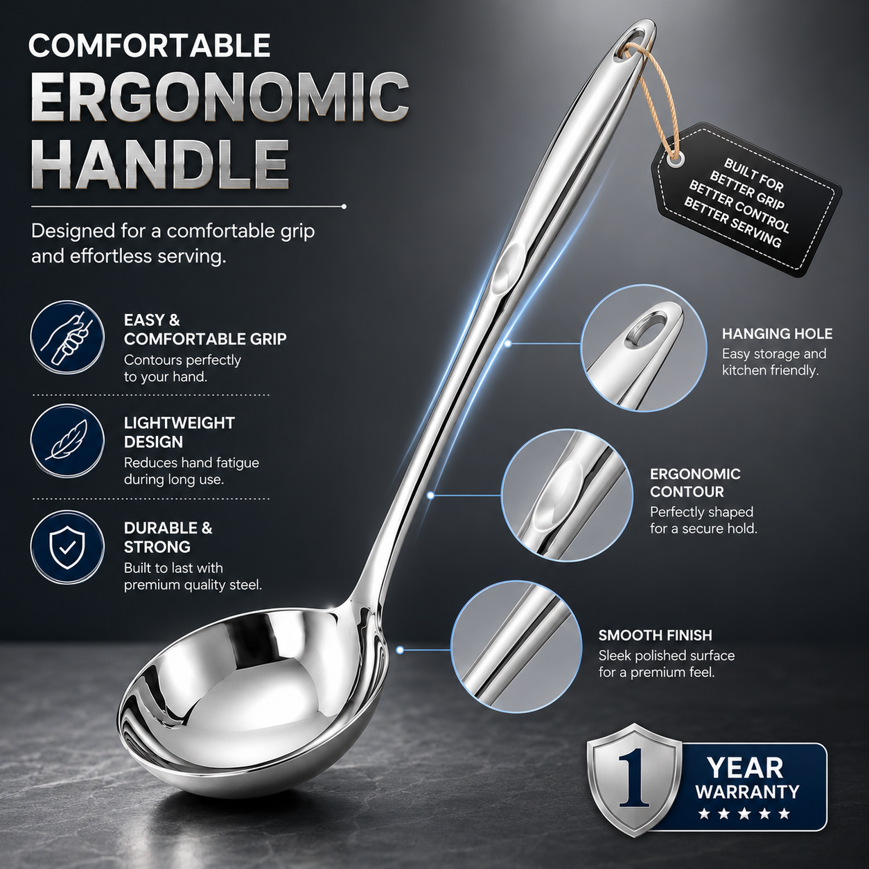 Culinex by thinKitchen 18/8 Stainless Steel 12.6" Hollow Handle Ladle for Serving, Cooking | Rustproof Kitchen Tools by thinKitchen