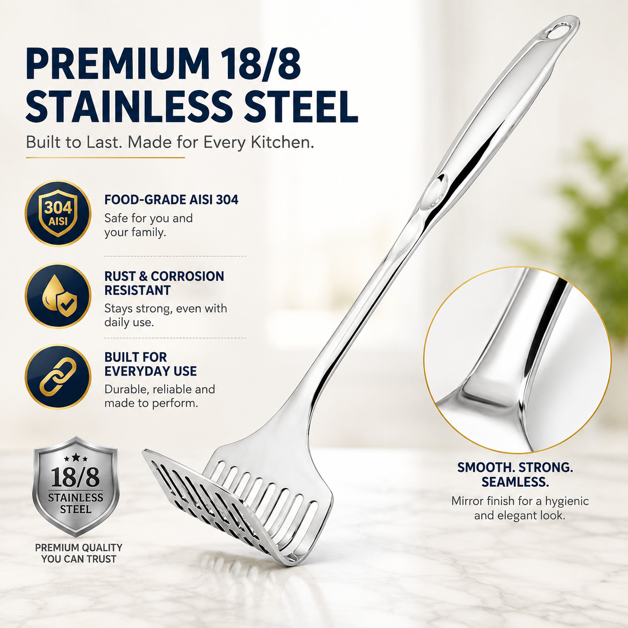 Culinex 18/8 Stainless Steel 13" Potato Masher with Hollow Handle | Rustproof Food Grade Smasher by thinKitchen - 2