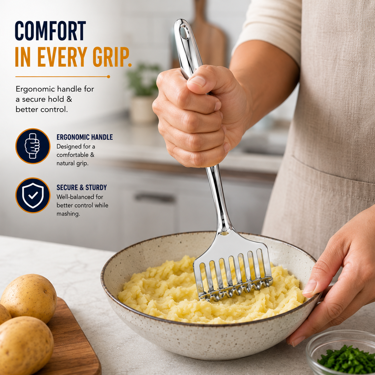 Culinex 18/8 Stainless Steel 13" Potato Masher with Hollow Handle | Rustproof Food Grade Smasher by thinKitchen